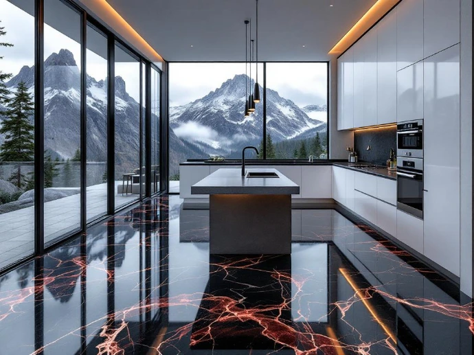 Cuisine moderne avec revêtement de sol en résine imprimée décorative