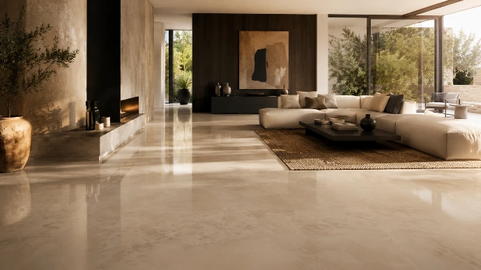 Piece a vivre contemporaine avec revêtement en résine décorative