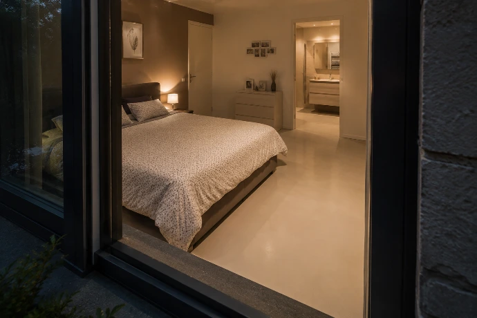 Intérieur moderne avec sol décoratif en résine contemporaine
