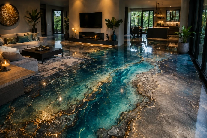 Résine décorative artistique aux effets bleus et minéraux
